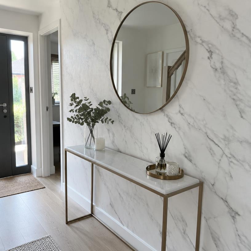Hall de entrada com parede em efeito mármore branco carrara