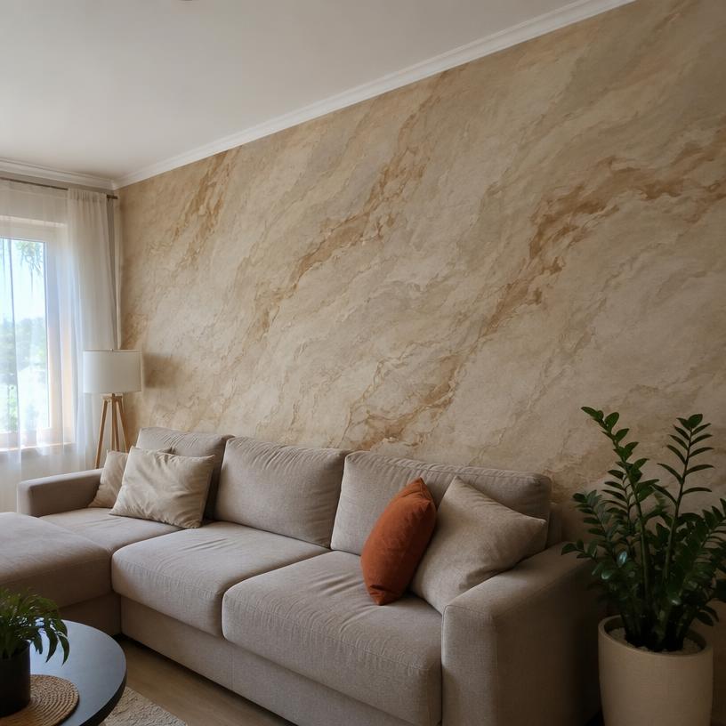 Sala com parede em efeito mármore travertino romano